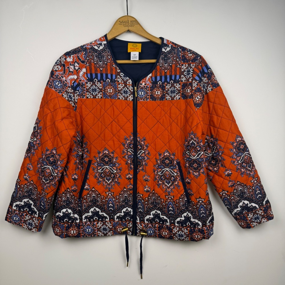Ruby Rd Petite Quilted Zip Up Jacket Orange Navy Paisley Print 12P